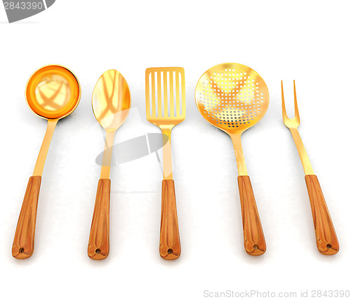 Image of gold cutlery on white background 