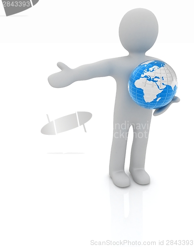Image of 3d people - man, person presenting - pointing. Global concept wi