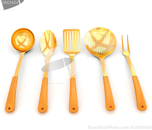 Image of gold cutlery on white background 