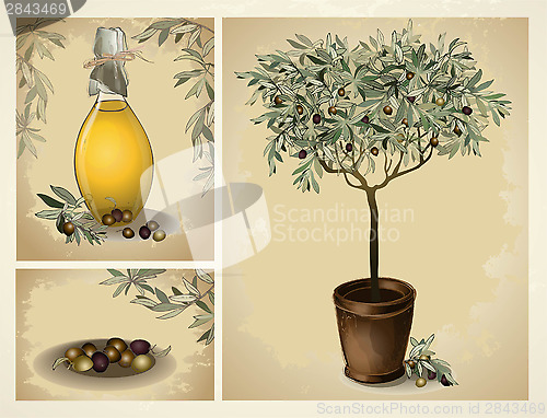 Image of lass bottle of premium virgin olive oil and some olives with lea