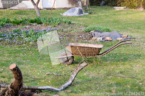 Image of preparation for spring work, wheelbarrow in yard 