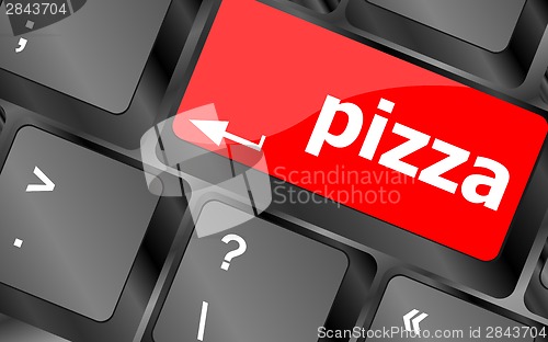 Image of Computer keyboard with blue pizza word on enter key,