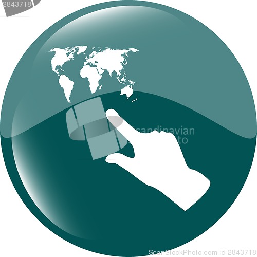 Image of icon with people hand and world map sign. Arrows symbol. Icon for App. Web button