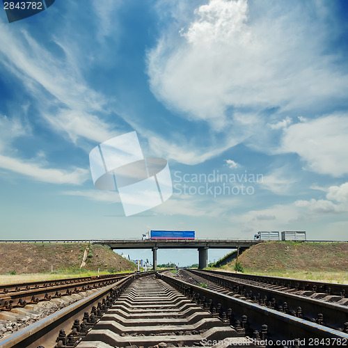 Image of crossing of railroad to horizon and bridge with car over it