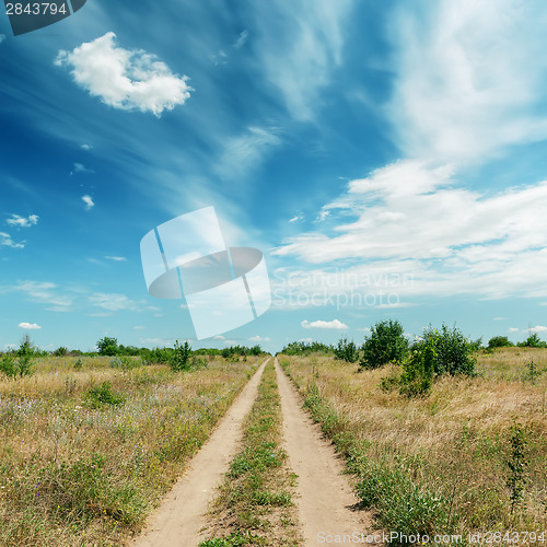 Image of rural road in green landscape and dramatic blue sky with clouds