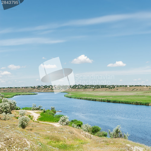 Image of river under blue sky with clouds