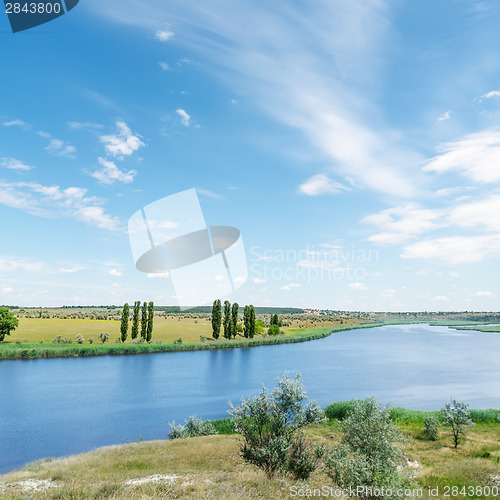 Image of river in green grass and clouds in blue sky