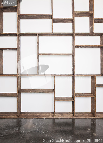 Image of Rustic style shelves on white wall