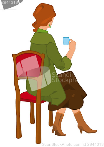 Image of Retro girl sitting with coffee cup isolated