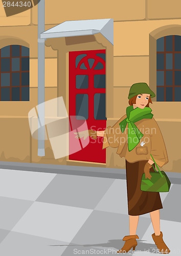 Image of Retro girl near red door