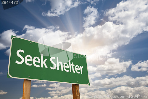 Image of Seek Shelter Green Road Sign