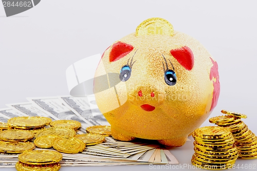 Image of Piggy bank with coins and banknotes