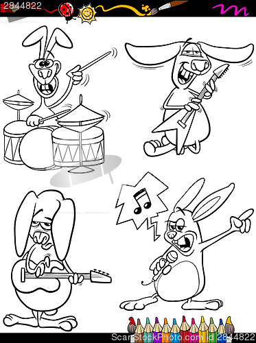 Image of rabbits musicians set cartoon coloring book