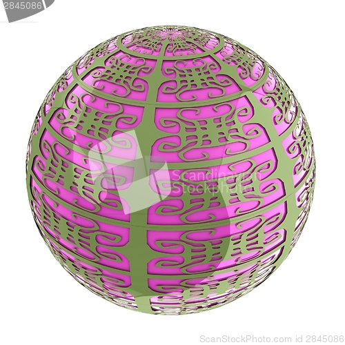 Image of Arabic abstract glossy dark green geometric sphere and pink sphe