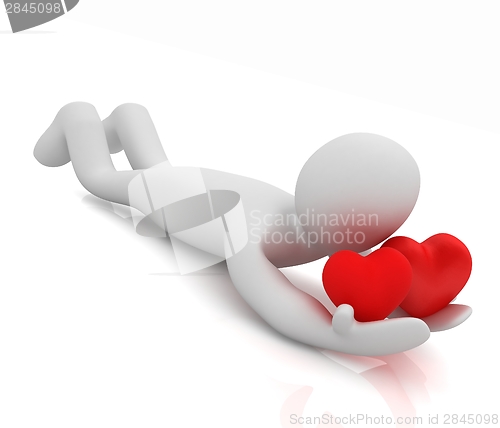 Image of 3D human lying and holds hearts