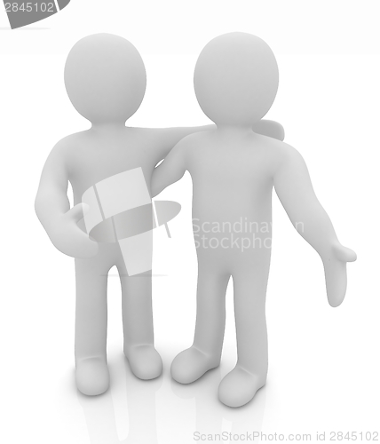 Image of Friends standing next to an embrace. 3d image. Isolated white ba