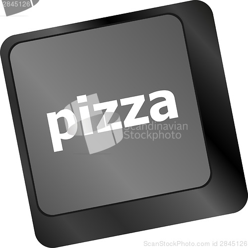 Image of Computer keyboard with blue pizza word on enter key,