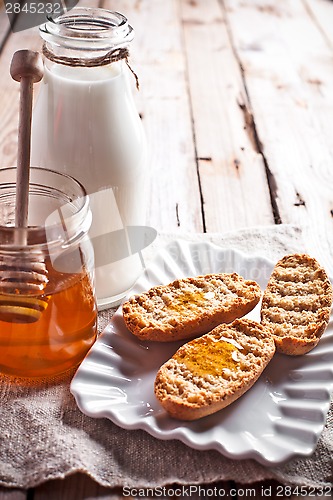 Image of crackers, milk and honey