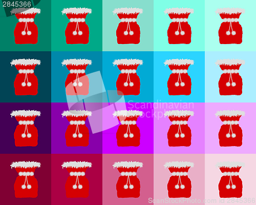 Image of Many red St Nicholas bags on colored background