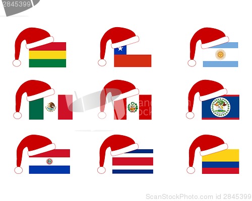 Image of Flag of nine countries with Santa Claus cap