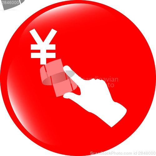 Image of Yen currency symbol and people hand web button icon