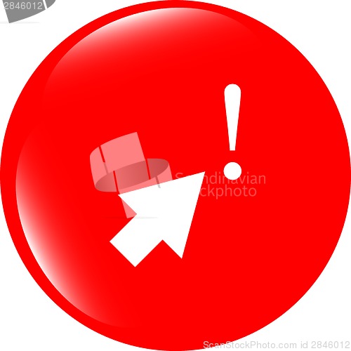 Image of computer button with arrow and exclamation mark, web icon isolated on white