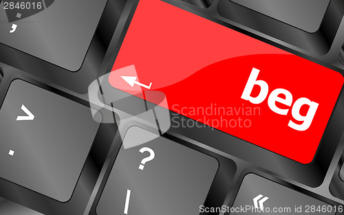 Image of beg word on keyboard key, notebook computer button