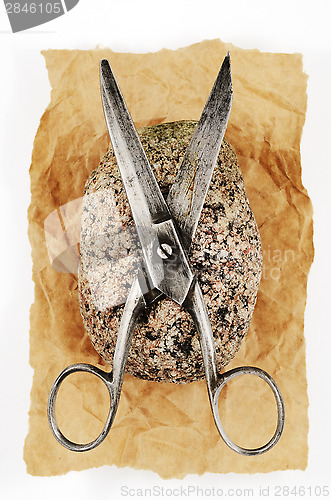 Image of rock paper and vintage scissors