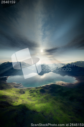 Image of lake and sun