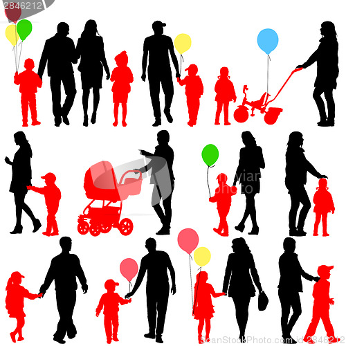 Image of Black set of silhouettes of parents and children with balloons o