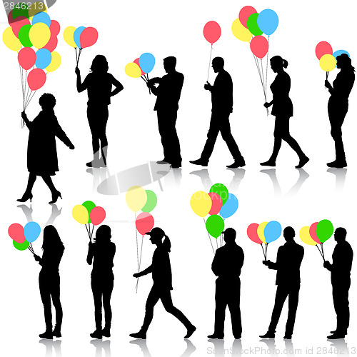 Image of Black silhouettes of beautiful mans with balloons and womans on 