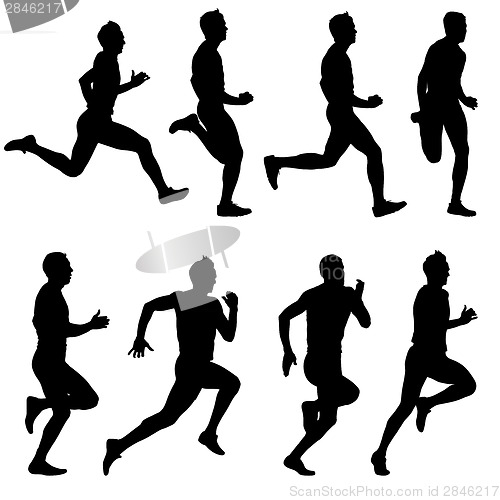 Image of Set of silhouettes. Runners on sprint, men. vector illustration.