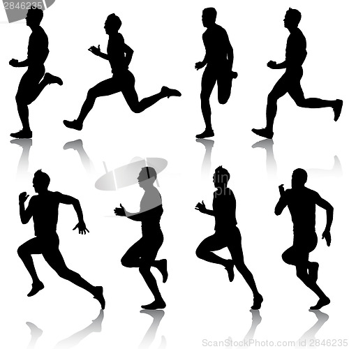 Image of Set of silhouettes. Runners on sprint, men. vector illustration.