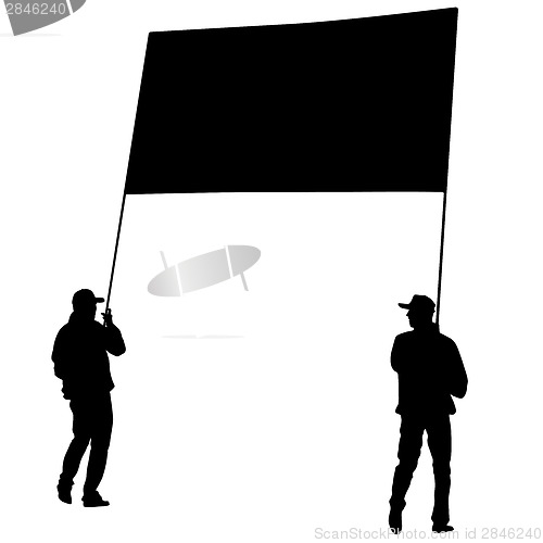 Image of Black silhouettes of men carrying a banner on a white background