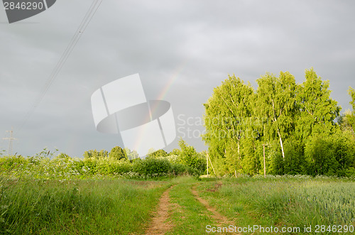 Image of rainbow after rain over green tree and rural path  