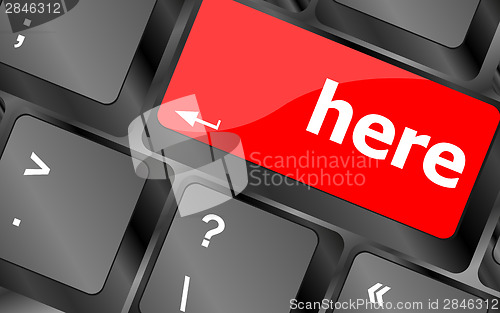 Image of here word on computer pc keyboard key