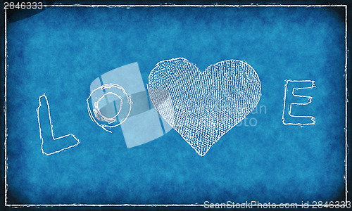 Image of Word ''love'' with abstract heart on blue background