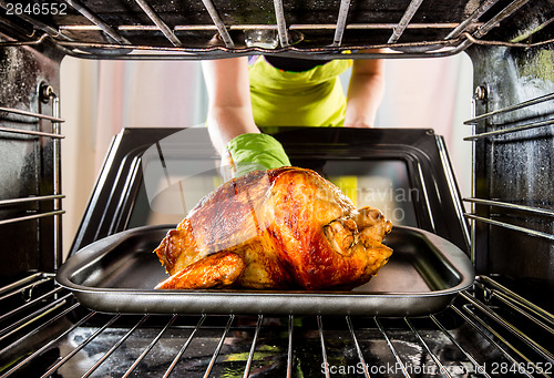 Image of Cooking chicken in the oven at home.