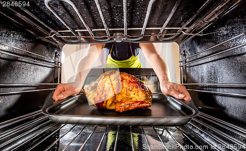 Image of Cooking chicken in the oven at home.