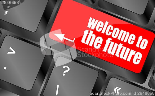 Image of welcome to the future text on laptop keyboard key