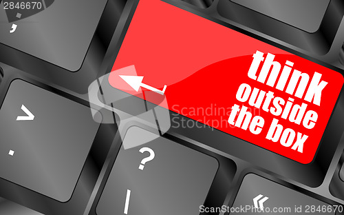 Image of think outside the box words, message on enter key of keyboard