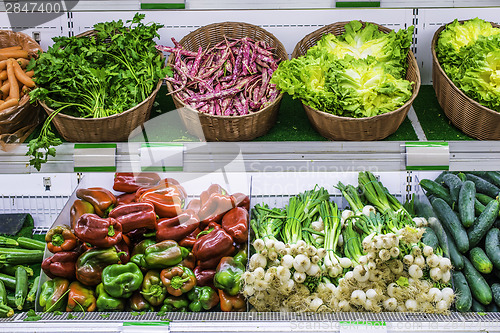 Image of Fruits and vegetables on a supermarket shelf