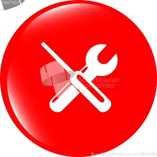 Image of adjustable wrench and screwdriver icon web button isolated on white