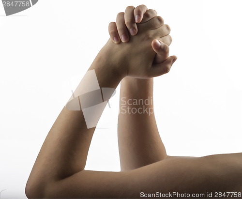 Image of Young hand make embracing hands gesture