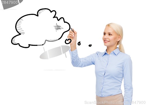 Image of businesswoman drawing text bubble with a marker