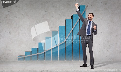 Image of happy businessman with hands up near graph