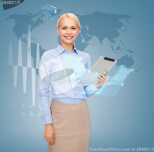 Image of smiling woman looking at tablet pc computer