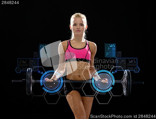 Image of sporty woman exercising with barbell