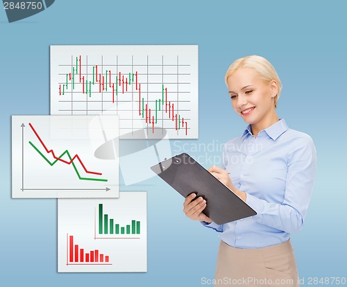 Image of smiling businesswoman with clipboard and pen