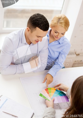 Image of couple looking at blueprint and color samples